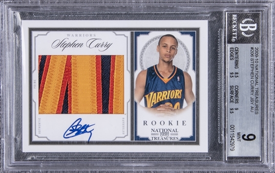 2009-10 Panini National Treasures Rookie Patch Autograph (RPA) #206 Stephen Curry Signed Patch Rookie Card (#70/99) – BGS MINT 9/BGS 10